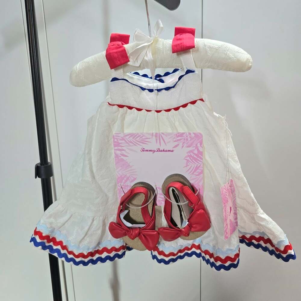 Tommy Bahama Baby Dress Size 3-6M White Americana Ric Rac Shoes Set